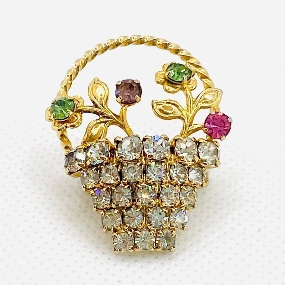 Brooch Rhinestones Basket of Flowers VTG Gold Tone